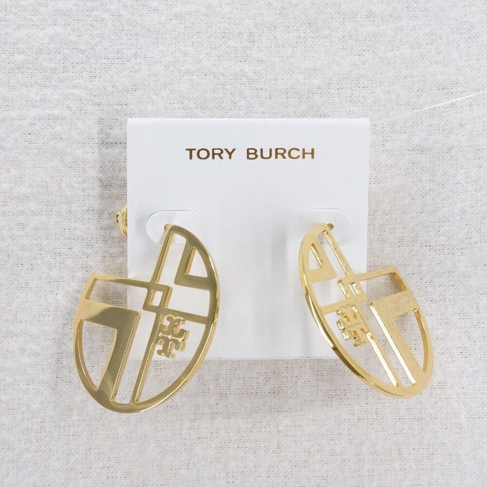 Tory Burch Chevron Cutout Hoop Earrings Gold OS